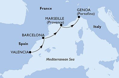Španielsko, Francúzsko, Taliansko z Valencie na lodi MSC Seashore