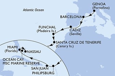 Taliansko, Španielsko, Portugalsko, Svatý Martin, USA, Bahamy z Janova na lodi MSC Divina