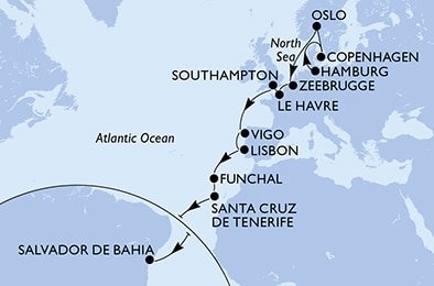 Nemecko, Dánsko, Nórsko, Belgicko, Francúzsko, Veľká Británia, Španielsko, Portugalsko, Brazília z Hamburgu na lodi MSC Preziosa