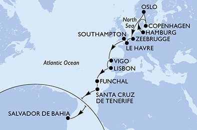Nemecko, Dánsko, Nórsko, Belgicko, Francúzsko, Veľká Británia, Španielsko, Portugalsko, Brazília z Hamburgu na lodi MSC Preziosa