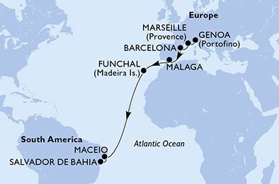 Taliansko, Francúzsko, Španielsko, Portugalsko, Brazília z Janova na lodi MSC Grandiosa
