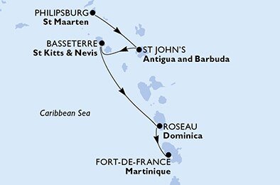 Svatý Martin, Antigua a Barbuda, Svätý Krištof a Nevis, Dominika, Martinik z Philipsburgu na lodi MSC Seaside