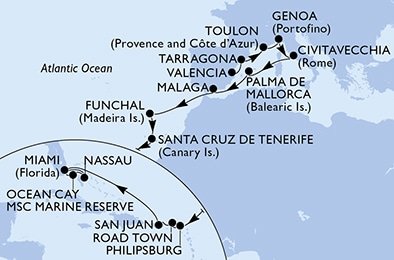 Španielsko, Francúzsko, Taliansko, Portugalsko, Svatý Martin, Britské Panenské ostrovy, USA, Bahamy z Valencie na lodi MSC Magnifica