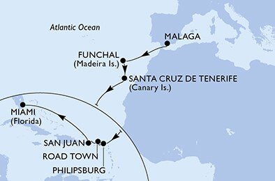 Španielsko, Portugalsko, Svatý Martin, Britské Panenské ostrovy, USA z Málagy na lodi MSC Magnifica