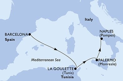 Španielsko, Tunisko, Taliansko z Barcelony na lodi MSC Grandiosa