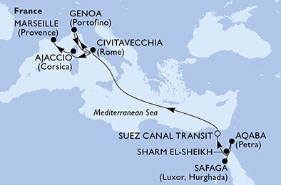 Egypt, Jordánsko, Taliansko, Francúzsko zo Safagy na lodi MSC Orchestra