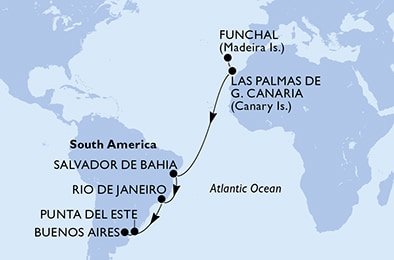 Portugalsko, Španielsko, Brazília, Uruguaj, Argentína z Funchalu na lodi MSC Musica