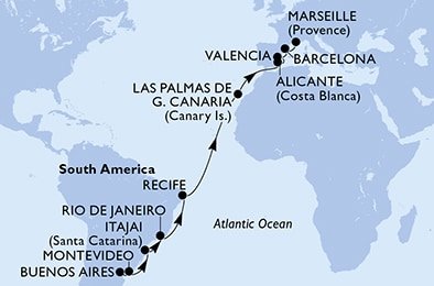 Argentína, Uruguaj, Brazília, Španielsko, Francúzsko z Buenos Aires na lodi MSC Musica