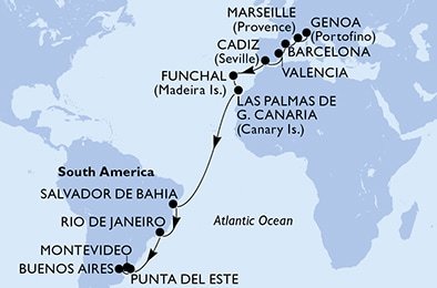 Taliansko, Francúzsko, Španielsko, Portugalsko, Brazília, Uruguaj, Argentína z Janova na lodi MSC Musica
