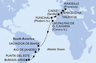 Francúzsko, Španielsko, Portugalsko, Brazília, Uruguaj, Argentína z Marseille na lodi MSC Musica