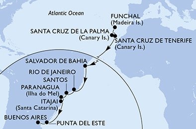 Portugalsko, Španielsko, Brazília, Uruguaj, Argentína z Funchalu na lodi MSC Lirica