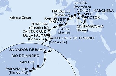 Taliansko, Chorvátsko, Čierna Hora, Francúzsko, Španielsko, Portugalsko, Brazília z Benátok na lodi MSC Lirica