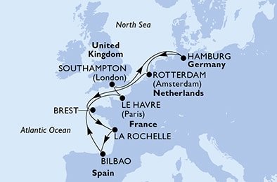 Veľká Británia, Nemecko, Holandsko, Francúzsko, Španielsko zo Southamptonu na lodi MSC Euribia