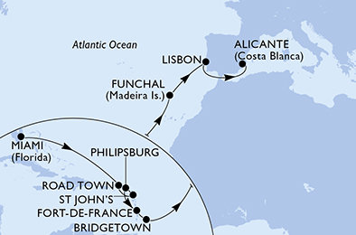 USA, Britské Panenské ostrovy, Antigua a Barbuda, Svatý Martin, Martinik, Barbados, Portugalsko, Španielsko z Miami na lodi MSC Magnifica