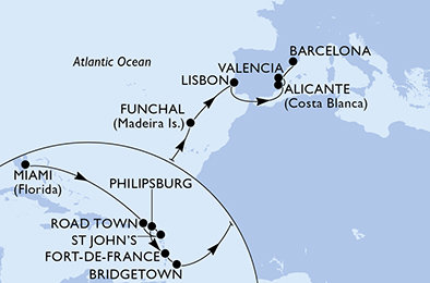 USA, Britské Panenské ostrovy, Antigua a Barbuda, Svatý Martin, Martinik, Barbados, Portugalsko, Španielsko z Miami na lodi MSC Magnifica