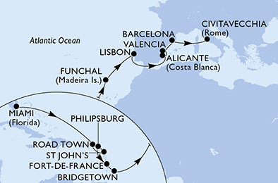 USA, Britské Panenské ostrovy, Antigua a Barbuda, Svatý Martin, Martinik, Barbados, Portugalsko, Španielsko, Taliansko z Miami na lodi MSC Magnifica