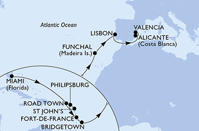 USA, Britské Panenské ostrovy, Antigua a Barbuda, Svatý Martin, Martinik, Barbados, Portugalsko, Španielsko z Miami na lodi MSC Magnifica