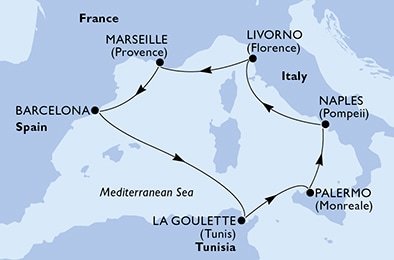 Taliansko, Francúzsko, Španielsko, Tunisko z Livorna na lodi MSC Grandiosa