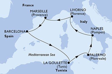 Francúzsko, Španielsko, Tunisko, Taliansko z Marseille na lodi MSC Grandiosa