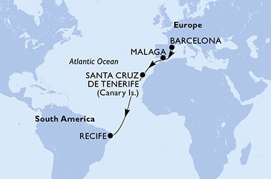 Španielsko, Brazília z Barcelony na lodi MSC Armonia
