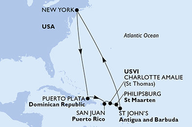 USA, Dominikánska republika, Svatý Martin, Antigua a Barbuda z New Yorku na lodi MSC Meraviglia