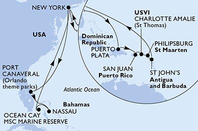USA, Bahamy, Dominikánska republika, Svatý Martin, Antigua a Barbuda z New Yorku na lodi MSC Meraviglia
