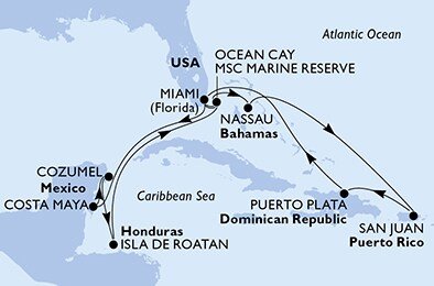 USA, Bahamy, Dominikánska republika, Mexiko, Honduras z Miami na lodi MSC Seaside