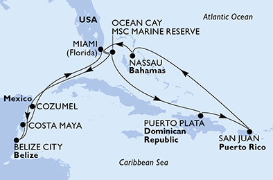 USA, Bahamy, Dominikánska republika, Mexiko, Belize z Miami na lodi MSC Seaside