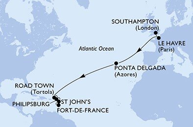 Veľká Británia, Francúzsko, Portugalsko, Britské Panenské ostrovy, Svatý Martin, Antigua a Barbuda, Martinik zo Southamptonu na lodi MSC Virtuosa