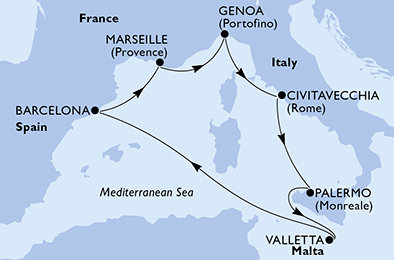 Taliansko, Malta, Španielsko, Francúzsko z Civitavechie na lodi MSC World Europa