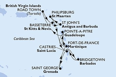 Barbados, Svätá Lucia, Grenada, Martinik, Guadeloupe, Britské Panenské ostrovy, Svätý Krištof a Nevis, Antigua a Barbuda, Svatý Martin z Bridgetownu na lodi MSC Virtuosa