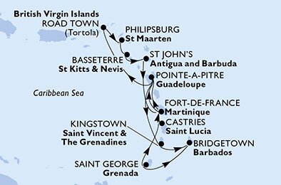 Martinik, Guadeloupe, Britské Panenské ostrovy, Svatý Martin, Svätý Krištof a Nevis, Antigua a Barbuda, Svätý Vincent a Grenadiny, Barbados, Grenada, Svätá Lucia z Fort de France, Martinik na lodi MSC Virtuosa