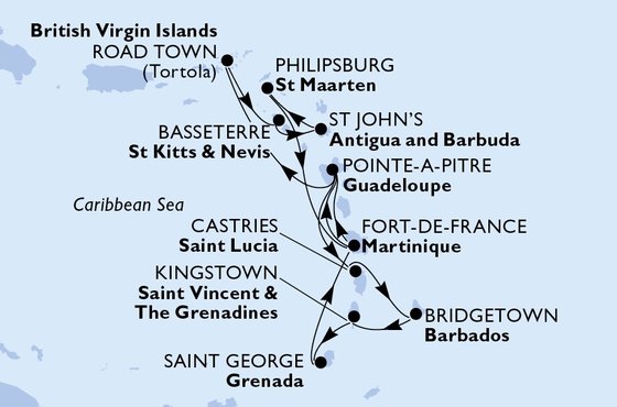 Martinik, Guadeloupe, Britské Panenské ostrovy, Svätý Krištof a Nevis, Antigua a Barbuda, Svatý Martin, Svätá Lucia, Barbados, Svätý Vincent a Grenadiny, Grenada z Fort de France, Martinik na lodi MSC Virtuosa