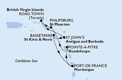 Guadeloupe, Svatý Martin, Britské Panenské ostrovy, Antigua a Barbuda, Svätý Krištof a Nevis, Martinik z Pointe-à-Pitre na lodi MSC Virtuosa