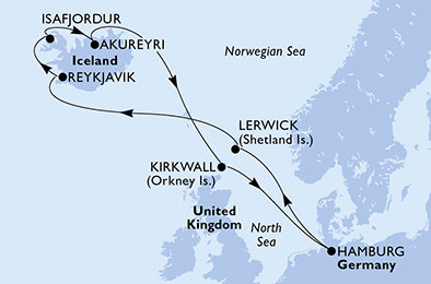 Nemecko, Veľká Británia, Island z Hamburgu na lodi MSC Preziosa