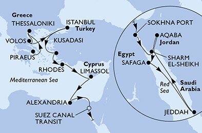 Grécko, Turecko, Cyprus, Egypt, Saúdská Arábie, Jordánsko z Pireusu na lodi MSC Musica