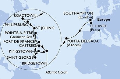 Veľká Británia, Francúzsko, Portugalsko, Britské Panenské ostrovy, Svatý Martin, Antigua a Barbuda, Martinik, Guadeloupe, Svätá Lucia, Barbados, Svätý Vincent a Grenadiny, Grenada zo Southamptonu na lodi MSC Virtuosa