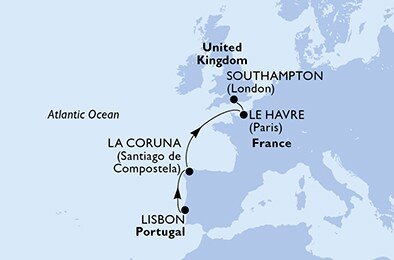 Portugalsko, Španielsko, Francúzsko, Veľká Británia z Lisabonu na lodi MSC Virtuosa