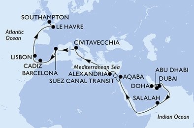Spojené arabské emiráty, Katar, Omán, Jordánsko, Egypt, Taliansko, Španielsko, Portugalsko, Francúzsko, Veľká Británia z Dubaja na lodi MSC Euribia