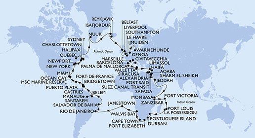 Taliansko, Francúzsko, Španielsko, Malta, Cyprus, Izrael, Egypt, Jordánsko, Saúdská Arábie, Keňa, Tanzánie, Seychely, Maurícius, Reunion, Mozambik, Juhoafrická republika, Namíbia, Zámořské území Velké Británie, Brazília, Barbados, Svätá Lucia, Martinik, Dominikánska republika, Bahamy, USA, USA - Východné pobrežie, Kanada, Autonomní oblast Dánska, Island, Veľká Británia, Holandsko, Nemecko z Civitavechie na lodi MSC Poesia