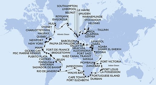 Španielsko, Taliansko, Malta, Cyprus, Izrael, Egypt, Jordánsko, Saúdská Arábie, Keňa, Tanzánie, Seychely, Maurícius, Reunion, Mozambik, Juhoafrická republika, Namíbia, Zámořské území Velké Británie, Brazília, Barbados, Svätá Lucia, Martinik, Dominikánska republika, Bahamy, USA, USA - Východné pobrežie, Kanada, Autonomní oblast Dánska, Island, Veľká Británia, Francúzsko, Holandsko, Nemecko, Poľsko, Litva, Lotyšsko, Estónsko, Fínsko, Švédsko z Barcelony na lodi MSC Poesia