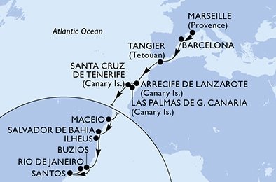 Francúzsko, Španielsko, Maroko, Brazília z Marseille na lodi MSC Orchestra