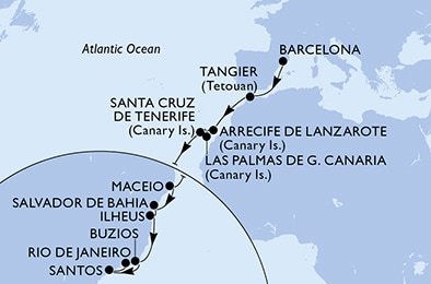 Španielsko, Maroko, Brazília z Barcelony na lodi MSC Orchestra