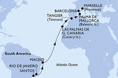 Brazília, Španielsko, Francúzsko zo Santosu na lodi MSC Seaview