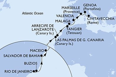Brazília, Španielsko, Maroko, Francúzsko, Taliansko z Rio de Janeira na lodi MSC Grandiosa