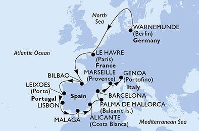 Nemecko, Francúzsko, Španielsko, Portugalsko, Taliansko z Warnemünde na lodi MSC Poesia