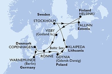 Dánsko, Nemecko, Poľsko, Litva, Švédsko, Estónsko, Fínsko z Kodaně na lodi MSC Poesia