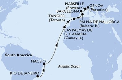 Brazília, Španielsko, Francúzsko, Taliansko z Rio de Janeira na lodi MSC Seaview