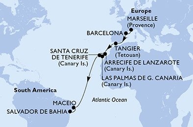 Francúzsko, Španielsko, Maroko, Brazília z Marseille na lodi MSC Orchestra