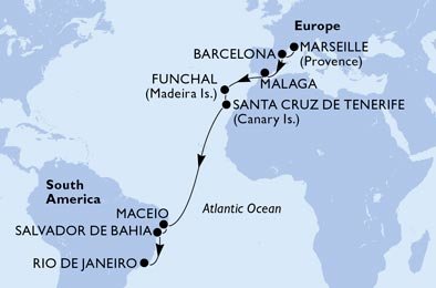 Francúzsko, Španielsko, Portugalsko, Brazília z Marseille na lodi MSC Grandiosa